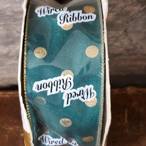 Offray Wired RIbbon - Taffeta Polkadot - Emerald Green & Gold 15 yrds x 1.5 inch